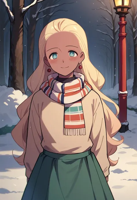 score_9, score_8_up, score_7_up, source_anime, 1girl, solo, tan, white pupils, aqua eyes, HaruSW, long hair, blonde hair, earrings, turtleneck sweater, long skirt, outdoors, scarf, winter, smile, blush, <lora:HaruVisionsPDXL_V1-Manityro-CAME:1>