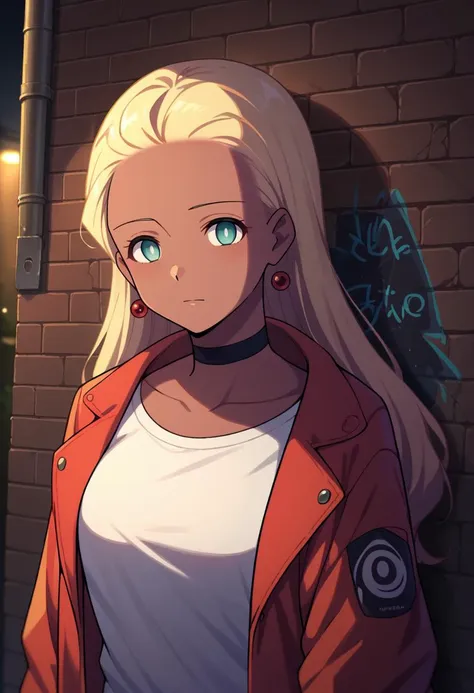 score_9, score_8_up, score_7_up, source_anime, 1girl, solo, tan, white pupils, aqua eyes, HaruSW, long hair, blonde hair, earrings, sharp eyes, choker, neon shirt, open jacket, turtleneck sweater, night, against wall, brick wall, graffiti, dim lighting, alley, looking at viewer, <lora:HaruVisionsPDXL_V1-Manityro-CAME:0.9>