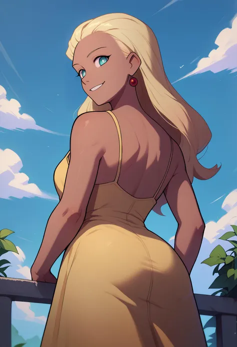 score_9, score_8_up, score_7_up, BREAK 1girl, solo, HaruSW, aqua eyes, white pupils, tan, aqua eyes, tan, long hair, blonde hair, <lora:HaruVisionsPDXL_V1-Manityro-CAME:1.0>, outdoors, blue sky, clouds,
looking at viewer, looking back, smile,
earrings, yellow sundress, rear view