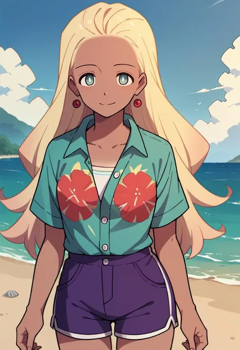 score_9, score_8_up, score_7_up, source_anime, 1girl, solo, tan, white pupils, aqua eyes, HaruSW, long hair, blonde hair, earrings, hawaiian shirt, dress shirt, unbuttoned, multicolored shirt, purple shorts, dolphin shorts, smile, outdoors, beach, <lora:HaruVisionsPDXL_V1-Manityro-CAME:1>