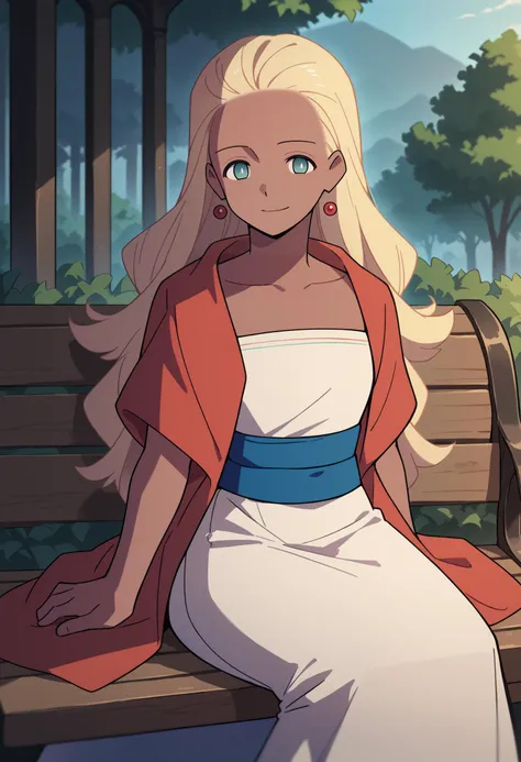 score_9, score_8_up, score_7_up, source_anime, 1girl, solo, tan, white pupils, aqua eyes, HaruSW, long hair, blonde hair, earrings, red robe, strapless, white shirt, blue sash, white skirt, long skirt, sleeveless, outdoors, on bench, sitting, smile, <lora:HaruVisionsPDXL_V1-Manityro-CAME:1>