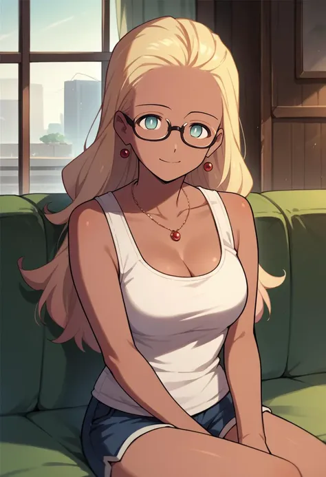 score_9, score_8_up, score_7_up, source_anime, 1girl, solo, tan, white pupils, aqua eyes, HaruSW, long hair, blonde hair, earrings, glasses, tank top, cleavage, necklace, sleeveless, shorts, smile, indoors, sitting, on couch, <lora:HaruVisionsPDXL_V1-Manityro-CAME:1>