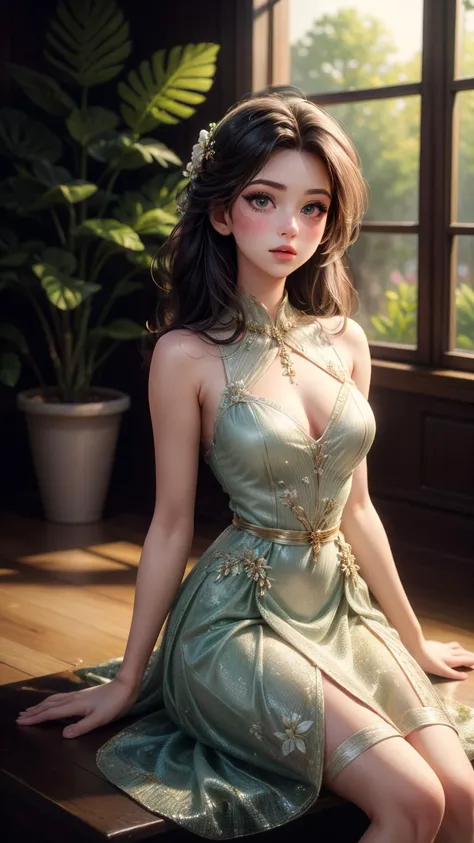 Best quality,masterpiece,ultra high res,(photorealistic:1.4),lin,1girl,(tree:1.2),solo,(nature:1.3),dress,(plant:1.2),sitting,(flowers:1.2),full of trees,(indoor:1.3),