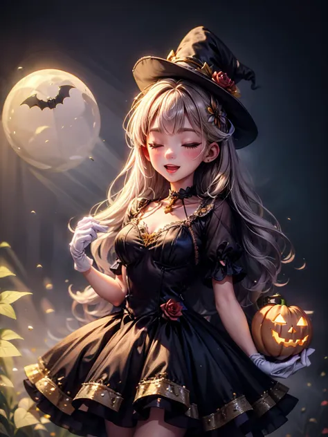 best quality, masterpiece, extremely detailed, detailed background, best quality, masterpiece, extremely detailed, detailed background, 1girl, candy, purple eyes, hair ornament, gloves, multiple boys, halloween, flower, holding food, black gloves, long hair, holding, ghost, blonde hair, animal ears, brown hair, dress, black cat, orange background, blue hair, short sleeves, jack-o'-lantern, ghost costume, puffy short sleeves, halloween costume, chibi, puffy sleeves, bow, striped, red hair, witch hat, skirt, wings, broom, rose, hat, looking at viewer, bangs, red eyes, striped skirt, jewelry, holding candy, hair bow, broom riding, choker, cat, blush, holding vegetable, hair flower, frills, wolf ears, rabbit ears, heart, earrings, holding lollipop, halloween bucket, swirl lollipop, purple flower, white skirt, 4girls, hair rings, smile, open mouth, ahoge, cape, cross, closed eyes, double bun, pumpkin, black choker, twintails, black flower, shirt, simple background, vertical stripes, very long hair, wolf tail, collar, vertical-striped skirt