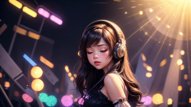 chibi,(masterpiece:1.3),(best quality:1.2),8k,absurdres,unity 8k wallpapper,(extremely detailed:1.3),highestres,realistic, (1girl:1.2),(headphones:1.1),(neon light:1.1),mechanical headwear,(mechanical wings:0.8),frown,(dynamic pose:1.1),(floating hair:1.2),(passionate:1.2),(DJ:0.9),(psychedelic:1.2),dynamic pose,(electric wire:1.1),(light beam:1.2),closed eyes,midriff,dim,(music:1.2),cable,god rays,(indoors:1.2),from side,(instrument:0.7),frenzied,passionate,energetic,intense,electrifying,exhilarating,dynamic,thrilling,explosive,rousing,(crowd:1.2),light rays,neonlight,electric fan, (electricity:1.2), (electronic music:1.1),(sound mixing:1.3)
