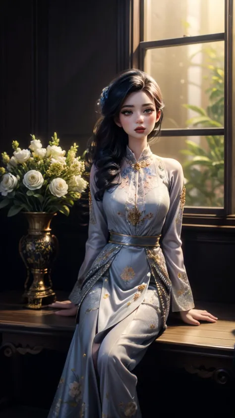 Best quality,masterpiece,ultra high res,(photorealistic:1.4),1girl,(tree:1.2),solo,(nature:1.3),(plant:1.2),sitting,(flowers:1.2),full of trees,(indoor:1.3), nhatbinh, <lora:nhatbinh:0.6>