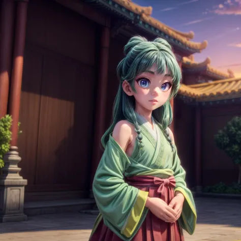 <lora:maomao003:0.5>,<lora:add_detail:1>,<lora:boldline:-0.8>,<lora:noline:0.3>,
maomao,1girl,green hair,(blue eyes:1.4),freckles,long hair,half up,
solo,
green hanfu,
red hakama,
chinese-style building,sky,sunset,(AS-Younger:1.1),