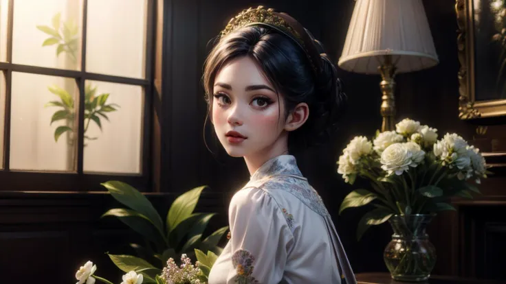 Best quality,masterpiece,ultra high res,(photorealistic:1.4),1girl,(tree:1.2),solo,(nature:1.3),(plant:1.2),sitting,(flowers:1.2),full of trees,(indoor:1.3), nhatbinh, <lora:nhatbinh:0.6>