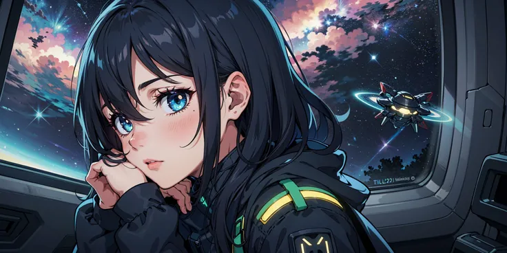 (masterpiece, best quality, highly detailed,dark, dark lighting:1.1) natural lighting, highres, girl, calm, tilted head, (hair covering face:1.2), detailed face, dark, detailed hair, [<lora:more_details:0.55>::15], strapped in seat, looking out of window, interior of spaceship, (hand on face covering eye:1.1), window with galaxy, pulsar, nebula,melancholy,from side, bioluminescent details, leaning on hand,