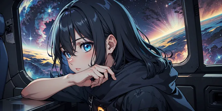 (masterpiece, best quality, highly detailed,dark, dark lighting:1.1) natural lighting, highres, girl, calm, tilted head, (hair covering face:1.2), detailed face, dark, detailed hair, [<lora:more_details:0.55>::15], strapped in seat, looking out of window, interior of spaceship, (hand on face covering eye:1.1), window with galaxy, pulsar, nebula,melancholy,from side, bioluminescent details, leaning on hand,