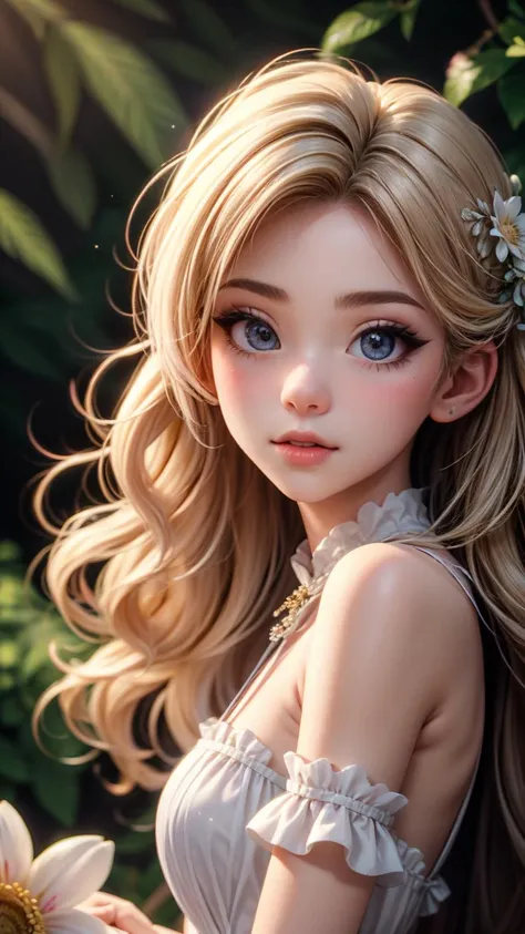 1 girl, kawaii, very long hair, soft ((glossy eyes)), sparkles, flowers, nature