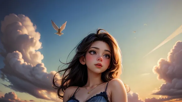 a woman looking up at the sky, with sunsets, birds, yellow clouds