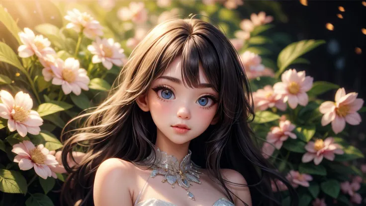 1 girl, kawaii, very long hair, soft ((glossy eyes)), sparkles, flowers, nature