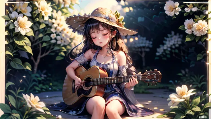 flute, 1girl, guitar, music, playing guitar, female focus, hat, bird, closed eyes, watermark, solo, sitting, nature, bandana, brown hair , (flower background), flower <lora:copax_flower-000001:0.5>, <lora:Copax_BluePlus:0.4>