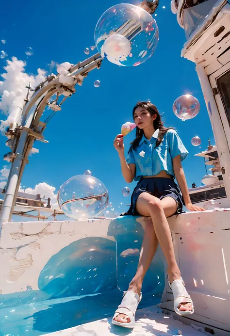 (best quality,official art,beautiful and aesthetic:1.2),(fractal art:1.2),offcial art,colorful,Colorful background,splash of color,movie perspective,advertising style,magazine cover,
xuer popsicle,1girl,solo,long hair,skirt,shirt,black hair,holding,sitting,school uniform,white shirt,short sleeves,pleated skirt,outdoors,food,sky,shoes,day,collared shirt,cloud,black skirt,medium hair,water,blue sky,blue skirt,bare legs,ocean,sandals,white footwear,holding food,scenery,bubble,blue theme,water drop,ice cream,(air bubble:1.3),summer,whale,
<lora:~Q?-| xuer popsicle:0.8>,