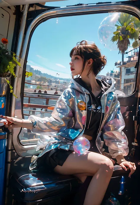 (best quality,official art,beautiful and aesthetic:1.2),(fractal art:1.2),offcial art,colorful,Colorful background,splash of color,movie perspective,advertising style,magazine cover,
xuer popsicle,1girl,solo,short hair,bangs,skirt,black hair,long sleeves,holding,sitting,closed mouth,jacket,pleated skirt,food,sky,barefoot,day,cloud,indoors,hood,from side,blue sky,blue skirt,bare legs,window,hoodie,profile,looking away,phone,sunlight,backpack,hood down,holding food,plant,star (sky),scenery,hooded jacket,potted plant,space,planet,earth (planet),globe,
(air bubble:1.3),summer,
<lora:~Q?-| xuer popsicle:0.8>,