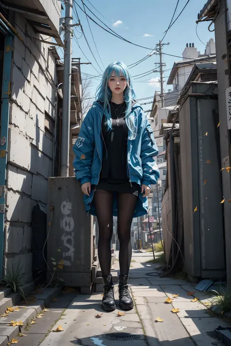 (best quality,official art,beautiful and aesthetic:1.2),(fractal art:1.2),offcial art,colorful,Colorful background,splash of color, perspective,advertising style,magazine cover, xuer popsicle,1girl,solo,long hair,looking at viewer,bangs,blue eyes,shirt,long sleeves,holding,hair between eyes,jewelry,sitting,very long hair,closed mouth,blue hair,jacket,full body,white hair,pantyhose,multicolored hair,boots,outdoors,open clothes,sky,day,cloud,necklace,black footwear,two-tone hair,open jacket,blue sky,black jacket,black pantyhose,black shirt,leaf,building,cross-laced footwear,thighband pantyhose,hand in pocket,colored inner hair,autumn leaves,power lines,utility pole,ginkgo leaf,<lora:绪å¿-éªç³ xuer popsicle:0.8>
