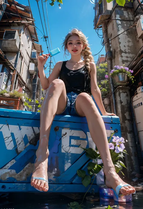 (best quality,official art,beautiful and aesthetic:1.2),(fractal art:1.2),offcial art,colorful,Colorful background,splash of color,movie perspective,advertising style,magazine cover,
xuer popsicle,1girl,solo,looking at viewer,smile,blue eyes,blonde hair,shirt,bare shoulders,sitting,closed mouth,braid,flower,outdoors,sky,shorts,barefoot,sleeveless,day,cloud,twin braids,feet,blue sky,black shirt,short shorts,bare legs,sleeveless shirt,toes,leaf,from below,sunlight,tank top,plant,pink flower,white shorts,vines,power lines,utility pole,morning glory,
(tongue out:1.3),<lora:~Q?-| xuer popsicle:0.8>,