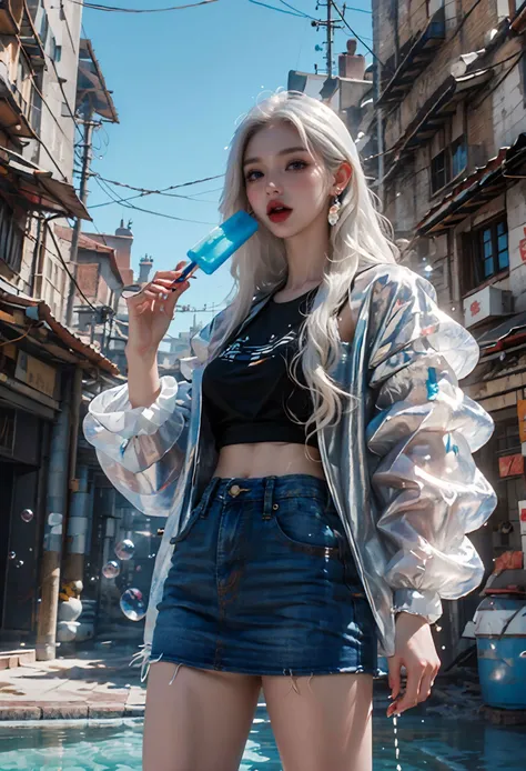 (best quality,official art,beautiful and aesthetic:1.2),(fractal art:1.2),offcial art,colorful,Colorful background,splash of color,movie perspective,advertising style,magazine cover,
xuer popsicle,1girl,solo,long hair,breasts,looking at viewer,blue eyes,skirt,shirt,long sleeves,holding,jewelry,very long hair,standing,jacket,white hair,cowboy shot,earrings,outdoors,parted lips,food,open clothes,day,puffy sleeves,lips,see-through,holding food,denim,building,puffy long sleeves,bubble,popsicle,realistic,denim skirt,
(tongue out:1.3),<lora:~Q?-| xuer popsicle:0.8>,
