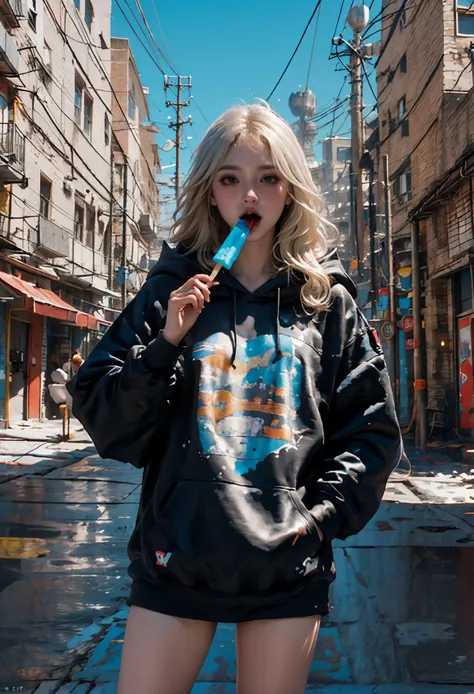 (best quality,official art,beautiful and aesthetic:1.2),(fractal art:1.2),offcial art,colorful,Colorful background,splash of color,movie perspective,advertising style,magazine cover,
xuer popsicle,1girl,solo,long hair,looking at viewer,blush,bangs,blonde hair,long sleeves,holding,brown eyes,very long hair,standing,white hair,cowboy shot,outdoors,food,sky,day,hood,blue sky,hoodie,eating,hood down,holding food,building,scenery,popsicle,black hoodie,power lines,
(tongue out:1.3),<lora:~Q?-| xuer popsicle:0.8>,
