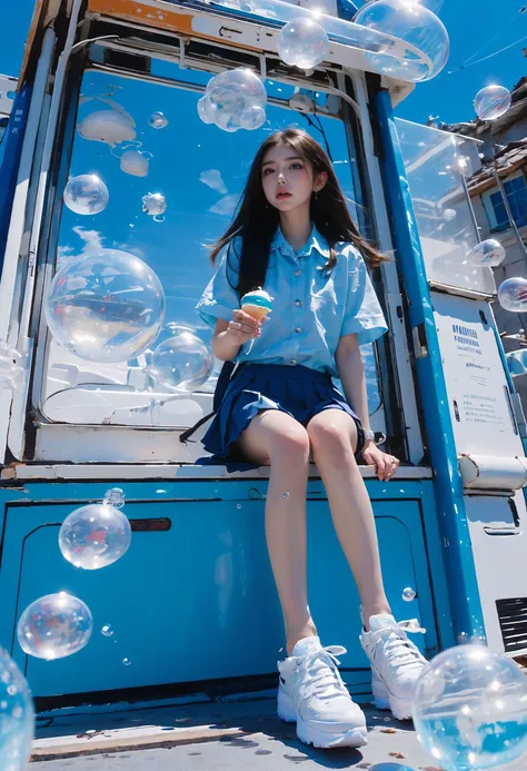 (best quality,official art,beautiful and aesthetic:1.2),(fractal art:1.2),offcial art,colorful,Colorful background,splash of color,movie perspective,advertising style,magazine cover,
xuer popsicle,1girl,solo,long hair,skirt,shirt,black hair,holding,sitting,school uniform,white shirt,short sleeves,pleated skirt,outdoors,food,sky,shoes,day,collared shirt,cloud,black skirt,medium hair,water,blue sky,blue skirt,bare legs,ocean,sandals,white footwear,holding food,scenery,bubble,blue theme,water drop,ice cream,(air bubble:1.3),summer,whale,
<lora:~Q?-| xuer popsicle:0.8>,