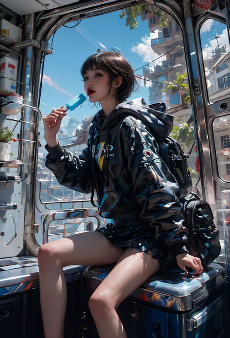 (best quality,official art,beautiful and aesthetic:1.2),(fractal art:1.2),offcial art,colorful,Colorful background,splash of color,movie perspective,advertising style,magazine cover,
xuer popsicle,1girl,solo,short hair,bangs,skirt,black hair,long sleeves,holding,sitting,closed mouth,jacket,pleated skirt,food,sky,barefoot,day,cloud,indoors,hood,from side,blue sky,blue skirt,bare legs,window,hoodie,profile,looking away,phone,sunlight,backpack,hood down,holding food,plant,star (sky),scenery,hooded jacket,potted plant,space,planet,earth (planet),globe,
(tongue out:1.3),<lora:~Q?-| xuer popsicle:0.8>,
