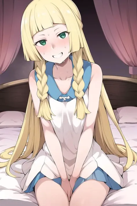 <lora:terasuMC-000010:1:lbw=OUTALL>,
sweat, full-face blush,corruption, looking at viewer, (happy, smirk,smug, teeth,smile ), sitting, on bed, hotel room, heavy breathing, wariza,
<lora:人ç©-å®å¯æ¢¦-èèè¾:1:lbw=COS>, blonde hair, green eyes, lillie \(pokemon\), twin braids, long hair, small breasts,, (masterpiece),(best quality),extreamly delicate and beautiful,illustration,absurdres,(realistic:0.4), high quality,, 1girl, solo,solo_focus,