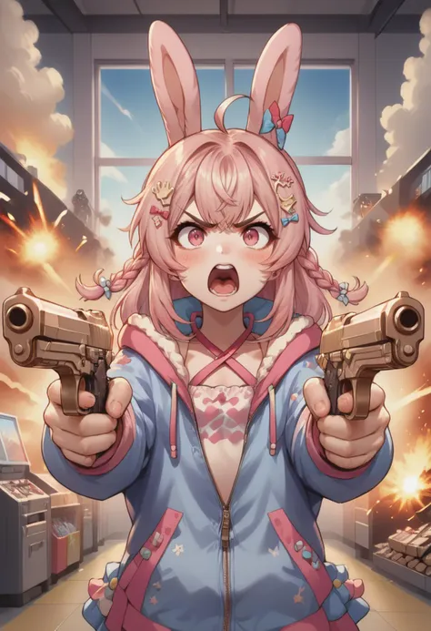 score_9, score_8_up, score_7_up, source_anime, walmart, explosion, <lora:PipkinPippaV4Pony:1>, PippaBase, rabbit ears, pink eyes, long hair, braid, ahoge, hair ornament, hair bow, multicolored jacket, sleeves past wrists, criss-cross halter, dual pistol, silver pistol, angry, screaming, blushing, head steam, <lora:Pony_Guns:0.9>