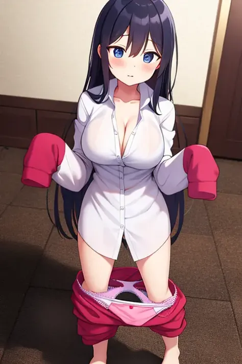 large breasts, dress_shirt, long_hair,  oversized_clothes, shirt,  solo_focus, <lora:shrinkray_anime:1> dress_pull, panty_pull, oversized clothes, clothes_on_floor, clothes on floor, sleeves past wrists, sleeves_past_wrists