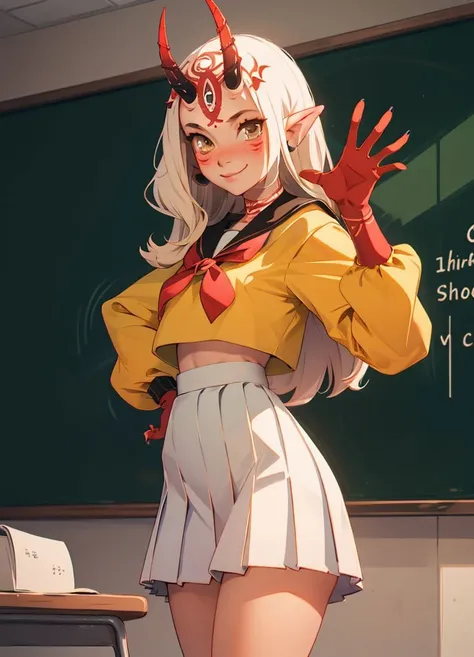 masterpiece,1girl, ibaraki_douji  <lora:ibaraki_douji-30:1>,  waving, sitting,solo, smile,blush, looking at viewer, skirt, shirt, long sleeves, very long hair, closed mouth, school uniform, standing, cowboy shot, white shirt, pleated skirt, shoes, serafuku, sailor collar, black footwear, fingernails, kneehighs,  white skirt, red socks, classroom, chalkboard, detailed background