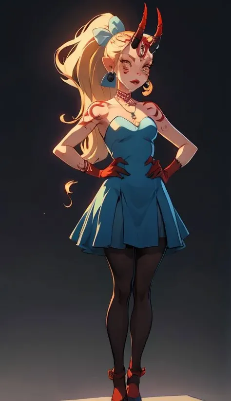 masterpiece,1girl, ibaraki_douji <lora:ibaraki_douji-30:1>, (giant ribbon),gloves, blue dress, dress, bare shoulders, jewelry, very long hair, standing, full body, ponytail, pantyhose, earrings, sleeveless, black gloves, elbow gloves, fang, necklace, black pantyhose, hands on hips, fang out, pearl necklace, ballroom, chandelier, detailed background, window