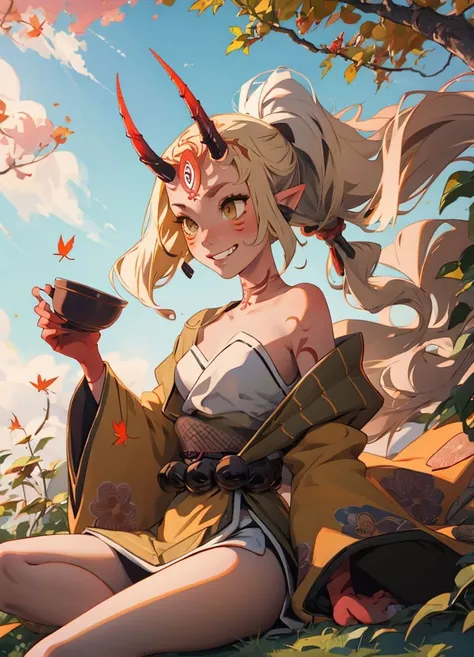 (holding, holding cup, sakazuki:1.3),masterpiece,1girl, ibaraki_douji <lora:ibaraki_douji-30:1>, grin, sunset, upper body,(floating hair), wind, autumn leaves, falling leaves,
yellow kimono,cleavage, very long hair, japanese clothes, wide sleeves, off shoulder, floral print, beads, sash, bare legs, sharp fingernails, , sitting, forest, detailed background