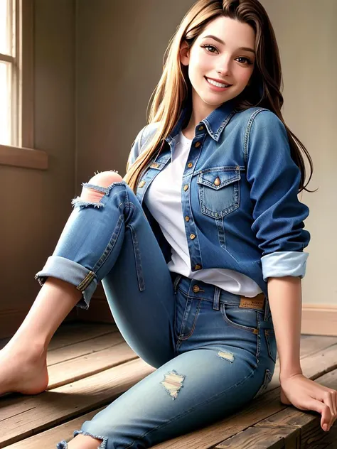 Realistic photo of a beautiful br1dg3tf woman,1girl,solo,long hair,smile,brown hair,shirt,sitting,barefoot,pants,grin,feet,torn clothes,denim,jeans,realistic,torn pants,torn jeans, soft lighting, professional Photography, Photorealistic, detailed, RAW, analog, sharp focus, 8k, HD, high quality, masterpiece<lora:br1dg3tf:1.0>