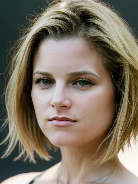 Realistic photo of a beautiful br1dg3tf woman,1girl,solo,short hair,blonde hair,brown eyes,closed mouth,lips,looking to the side,looking away,black background,portrait,realistic,nose, soft lighting, professional Photography, Photorealistic, detailed, RAW, analog, sharp focus, 8k, HD, high quality, masterpiece<lora:br1dg3tf:1.0>