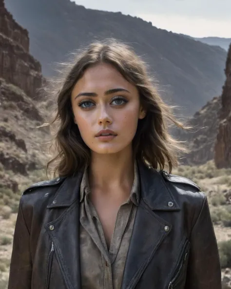 ella_purnell, <lora:EllaPurnellXL:1>,Female archeologist, mid shot, standing on rocks,indiana jones outfit, worn leather jacket, worn shirt, worn pants, whip, in an epic complex surreal wasteland, ((perfect eyes, detailed eyes,realistic eyes)), ((sharp face, detailed face, realistic face, naturtal skin, realistic skin, detailed skin, pores))