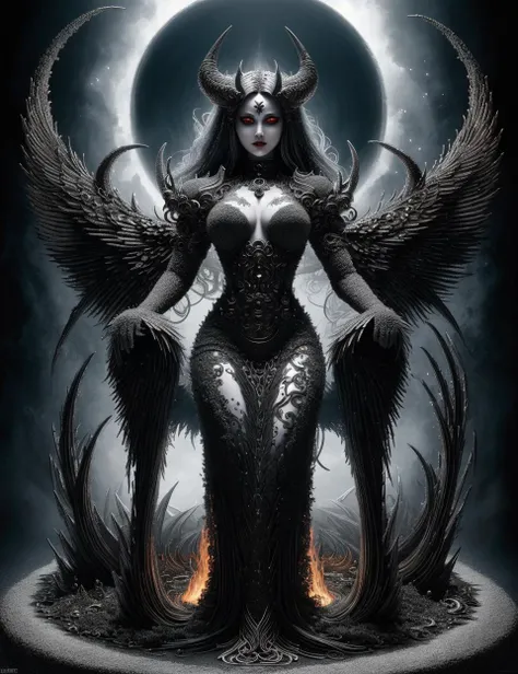 DonM1r0nF1l1ng5, female demon, malevolent supernatural being, evil, chaos, infernal, powerful entity, corrupt,harm full, fantasy, interwoven,gentle,yin and yang,sunny,absurd,beyond,gleaming,simple,unlit , <lora:DonM1r0nF1l1ng5-000008:0.7>