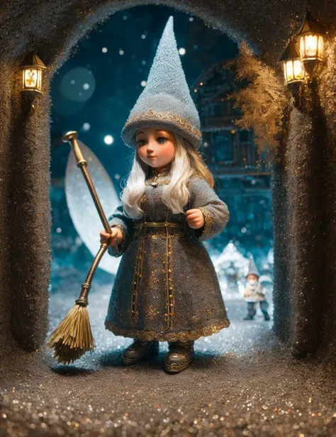 DonM1r0nF1l1ng5,  glaukos, mythical small female gnome like beings, household spirits, dressed in traditional german clothing, pointy hat, industrious helpful nature, perform household chores, night, benevolent diligent, atomic age,vigorous ,   <lora:DonM1r0nF1l1ng5-000008:0.7>
