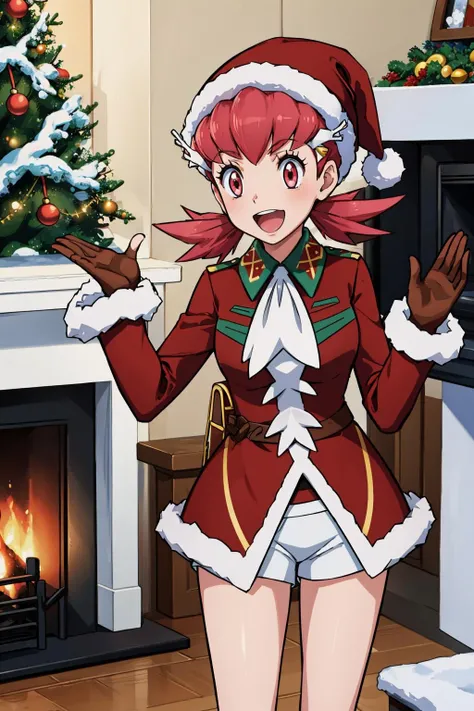 masterpiece, best quality, <lora:whitney-nvwls-v1-000009:1> xmaswhitney, santa hat, red coat, white ascot, fur trim, white shorts, brown gloves, winter, christmas, standing, snow, :D, waving, christmas tree, fireplace