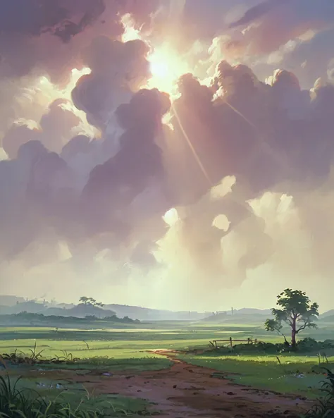 score_9, score_8_up, score_7_up, zPDXL, <lora:Fire_and_Ice_Style:0.95>faistyle, retro artstyle, painting (medium), clouds, light cutting through, light rays, plains, grass, dirt