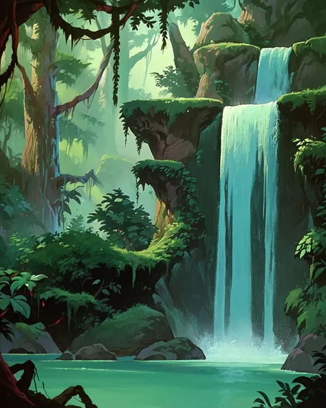 score_9, score_8_up, score_7_up, zPDXL, <lora:Fire_and_Ice_Style:1>faistyle, retro artstyle, painting (medium), waterfall, forest