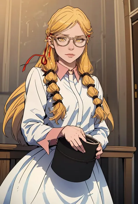 (masterpiece, best quality), 1girl,    <lora:PoBidauTiara:0.8> PoBidauTiara, 1girl, solo, very long hair, blonde hair, long sleeves, white dress, red ribbon, hair ribbon, yellow eyes, glasses, collared dress,