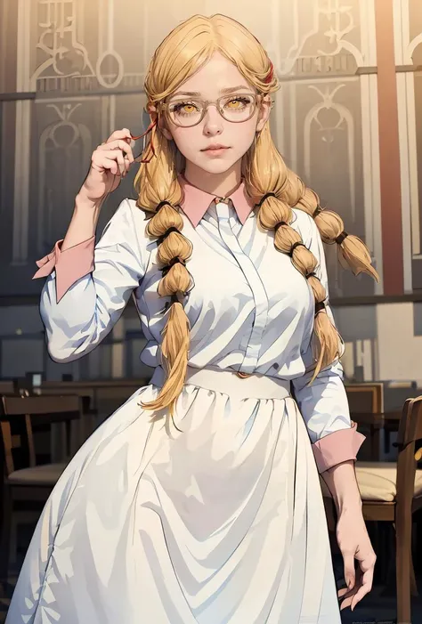 (masterpiece, best quality), 1girl,    <lora:PoBidauTiara:0.8> PoBidauTiara, 1girl, solo, very long hair, blonde hair, long sleeves, white dress, red ribbon, hair ribbon, yellow eyes, glasses, collared dress,