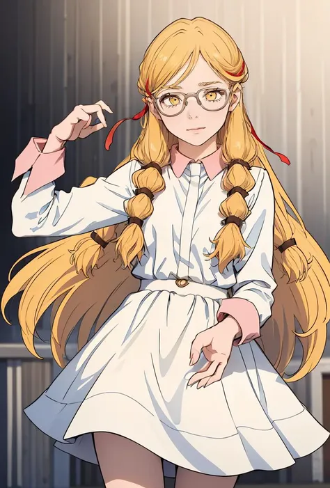 (masterpiece, best quality), 1girl,    <lora:PoBidauTiara:0.8> PoBidauTiara, 1girl, solo, very long hair, blonde hair, long sleeves, white dress, red ribbon, hair ribbon, yellow eyes, glasses, collared dress,