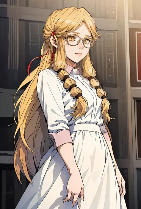 (masterpiece, best quality), 1girl,    <lora:PoBidauTiara:0.8> PoBidauTiara, 1girl, solo, very long hair, blonde hair, long sleeves, white dress, red ribbon, hair ribbon, yellow eyes, glasses, collared dress,