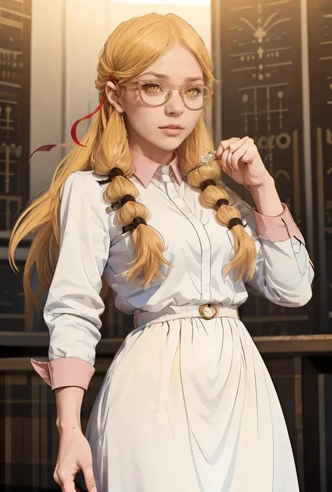 (masterpiece, best quality), 1girl,    <lora:PoBidauTiara:0.8> PoBidauTiara, 1girl, solo, very long hair, blonde hair, long sleeves, white dress, red ribbon, hair ribbon, yellow eyes, glasses, collared dress,