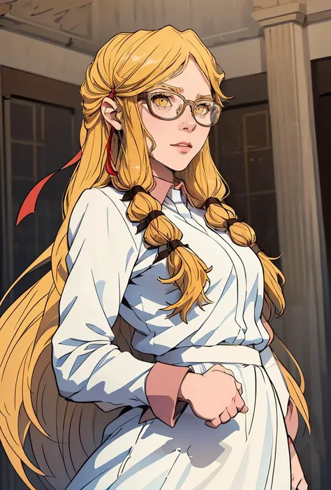 (masterpiece, best quality), 1girl,    <lora:PoBidauTiara:0.8> PoBidauTiara, 1girl, solo, very long hair, blonde hair, long sleeves, white dress, red ribbon, hair ribbon, yellow eyes, glasses, collared dress,