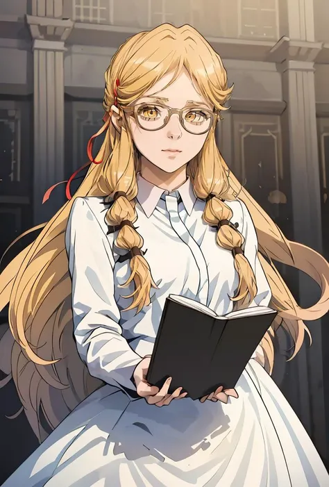 (masterpiece, best quality), 1girl,    <lora:PoBidauTiara:0.8> PoBidauTiara, 1girl, solo, very long hair, blonde hair, long sleeves, white dress, red ribbon, hair ribbon, yellow eyes, glasses, collared dress,