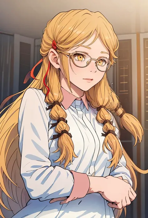 (masterpiece, best quality), 1girl,    <lora:PoBidauTiara:0.8> PoBidauTiara, 1girl, solo, very long hair, blonde hair, long sleeves, white dress, red ribbon, hair ribbon, yellow eyes, glasses, collared dress,