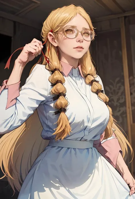 (masterpiece, best quality), 1girl,    <lora:PoBidauTiara:0.8> PoBidauTiara, 1girl, solo, very long hair, blonde hair, long sleeves, white dress, red ribbon, hair ribbon, yellow eyes, glasses, collared dress,