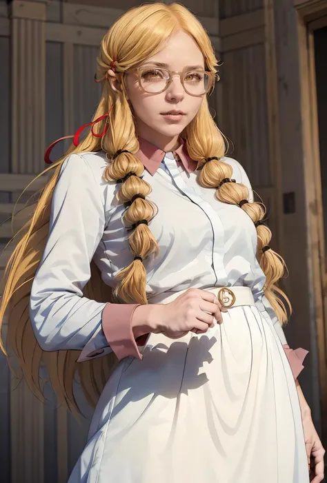 (masterpiece, best quality), 1girl,    <lora:PoBidauTiara:0.8> PoBidauTiara, 1girl, solo, very long hair, blonde hair, long sleeves, white dress, red ribbon, hair ribbon, yellow eyes, glasses, collared dress,